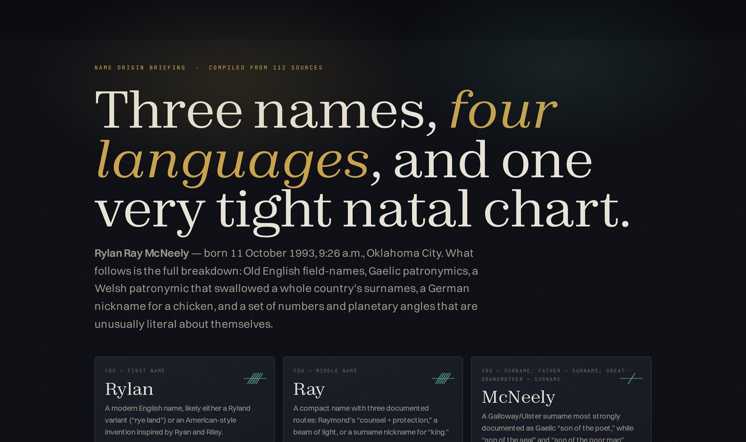 The top of a delivered briefing, with the subject's three names and their one-line etymologies.